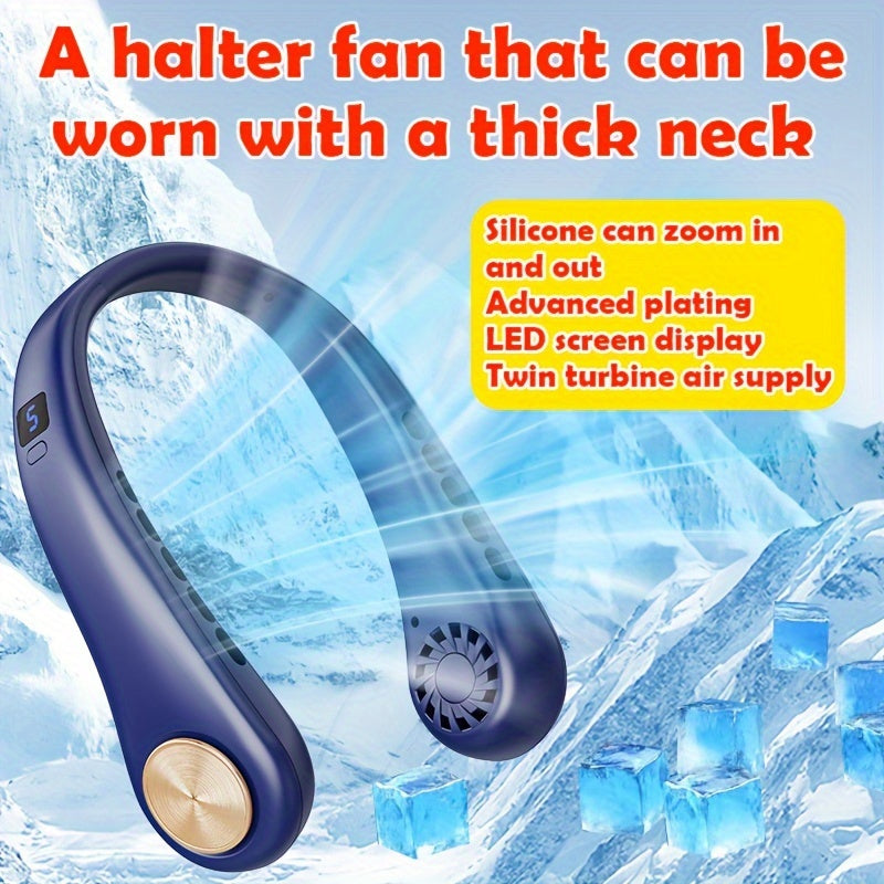 USB Neck Fan for all genders with silent continuous operation and no heat output. Features a display screen, 5-level air cooling adjustment, and a long-lasting battery. A must-have back-to-school essential for outdoor sports, travel, and the summer