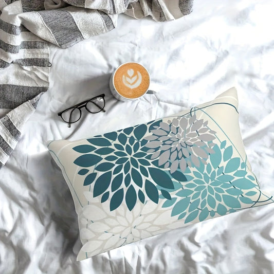 Teal Blue Decorative Pillow Covers - 30.48x50.8 cm, Modern Farmhouse Geometric Floral Design, Linen Square Case, Reversible, Machine Washable, Zipper Closure, Ideal for Couch, Bedroom, and Outdoor Use