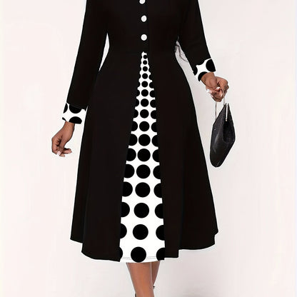 Stylish polka dot midi dress for women with V-neck, stretch fabric, and machine washable, ideal for all seasons.