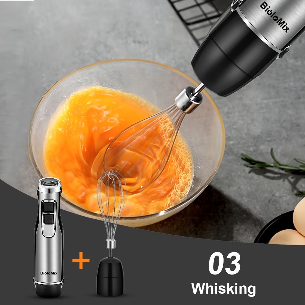 BioloMix 4-in-1 1200W Hand Stick Blender Mixer with Chopper and Smoothie Cup, Stainless Steel Ice Blades, European Standard Plug, 16000 RPM, No Battery Needed.