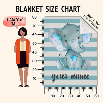 A modern and versatile fleece throw blanket featuring a customizable cartoon elephant design. This all-season, multi-purpose blanket is digitally printed on a polyester cover with a polyester lining. Knitted for cozy comfort, it weighs between 200-250g