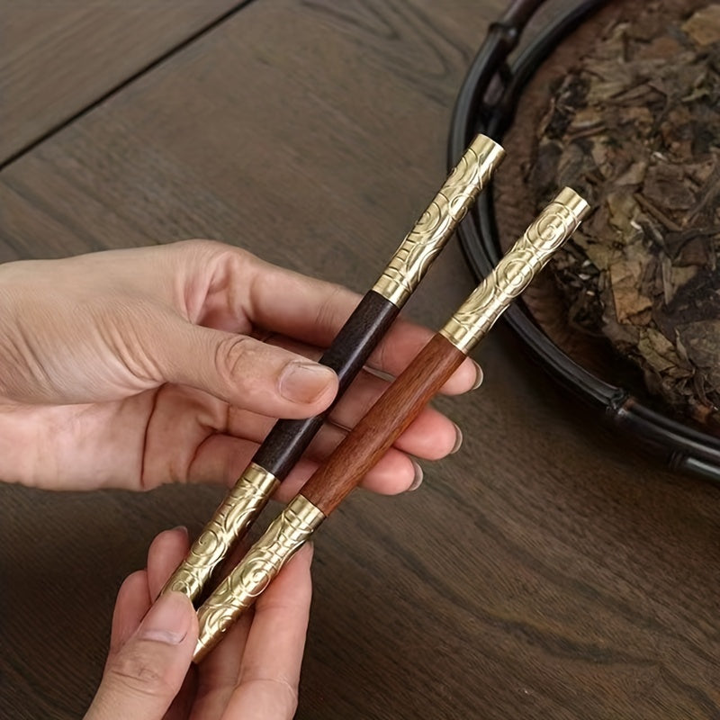 Sandalwood and Rosewood Double-headed Ruyi Tea Knife with Golden Hoop and Warping Tea Knife, Sandalwood Tea Needle