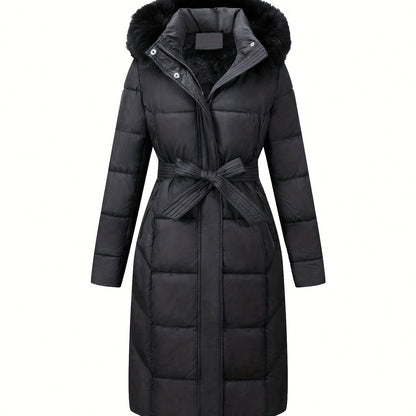 Elegant women's midi winter coat with faux fur hood and belt detail made of polyester. Features long sleeves and a solid color design. Non-waterproof outerwear.