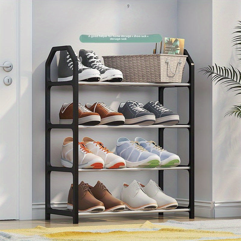 Simple Shoe Rack with 4 Tiers, Compact and Versatile Design, Quick and Easy Assembly, Dust-Proof Storage Solution for Entryway, Bedroom, or Living Room - White Sneakers Displayed on Black Metal Frame, Shoe Organizer