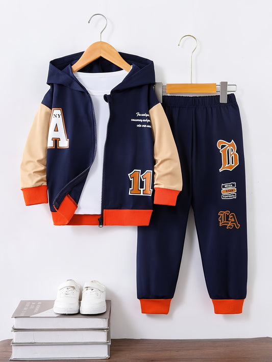 Boys Street Style Hooded Baseball Jacket & Joggers Set for Daily & Outdoor Wear