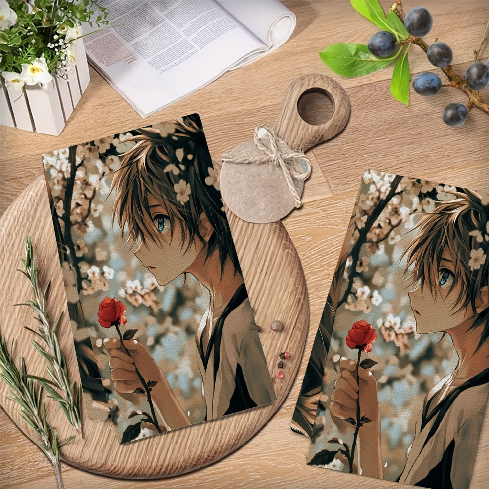 Two pieces of ultra soft kitchen towels featuring an anime boy with blue eyes leaning against a cherry blossom tree, holding a single red rose. These highly absorbent dish hand towels are perfect for holiday decor. Machine washable and measuring 16x24