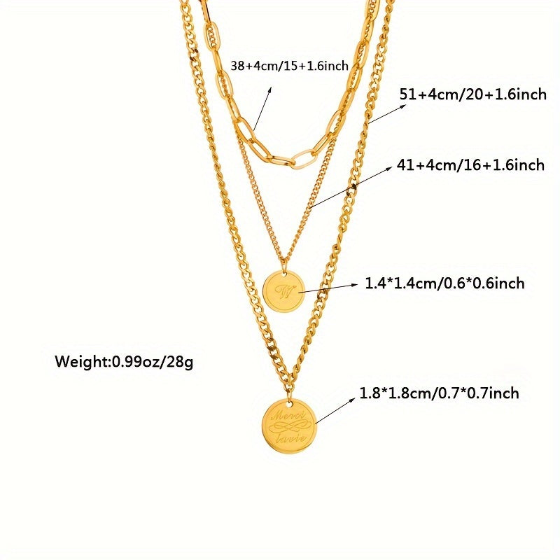 Elegant French-Inspired Three-Layer Necklace with Engraved Letter Pendants in 18k Gold Plated Stainless Steel, Featuring a Minimalist and Classic Style. Versatile Retro Design Perfect for Street Style, Daily Commute, Vacation, and Party Wear.