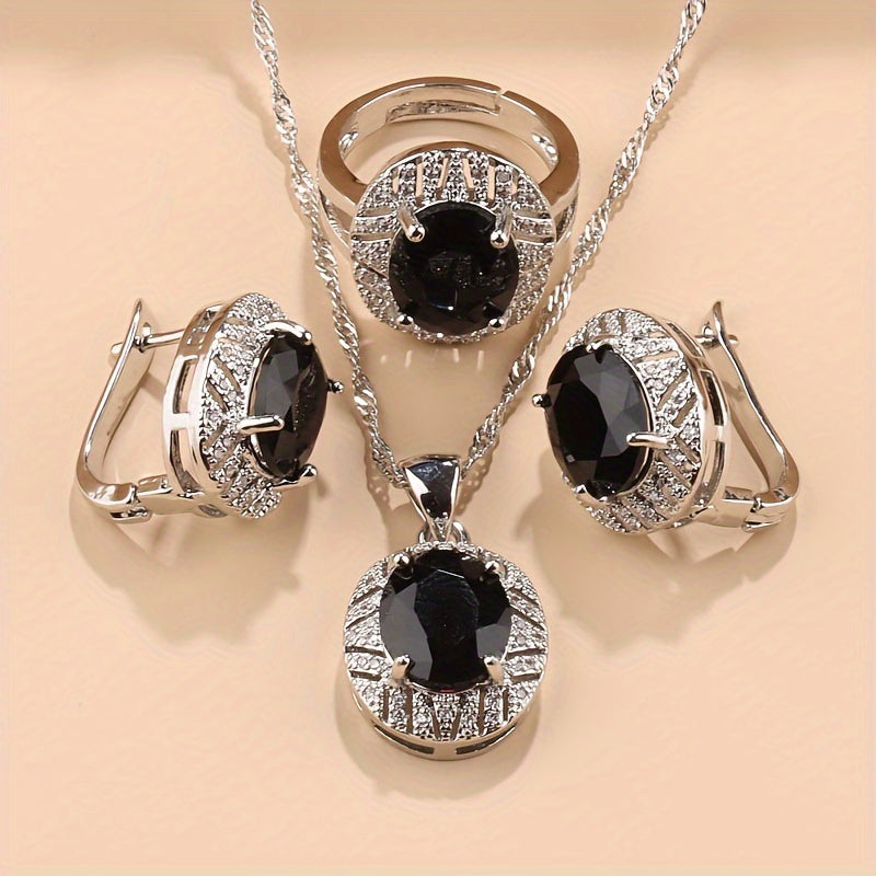 Stylish Silver-Plated Bridal Jewelry Set with Synthetic Cubic Zirconia - Minimalist Copper Necklace, Earrings, and Rings Perfect for Weddings, Everyday Wear, or as a Christmas Gift for Women - 4 Piece Set