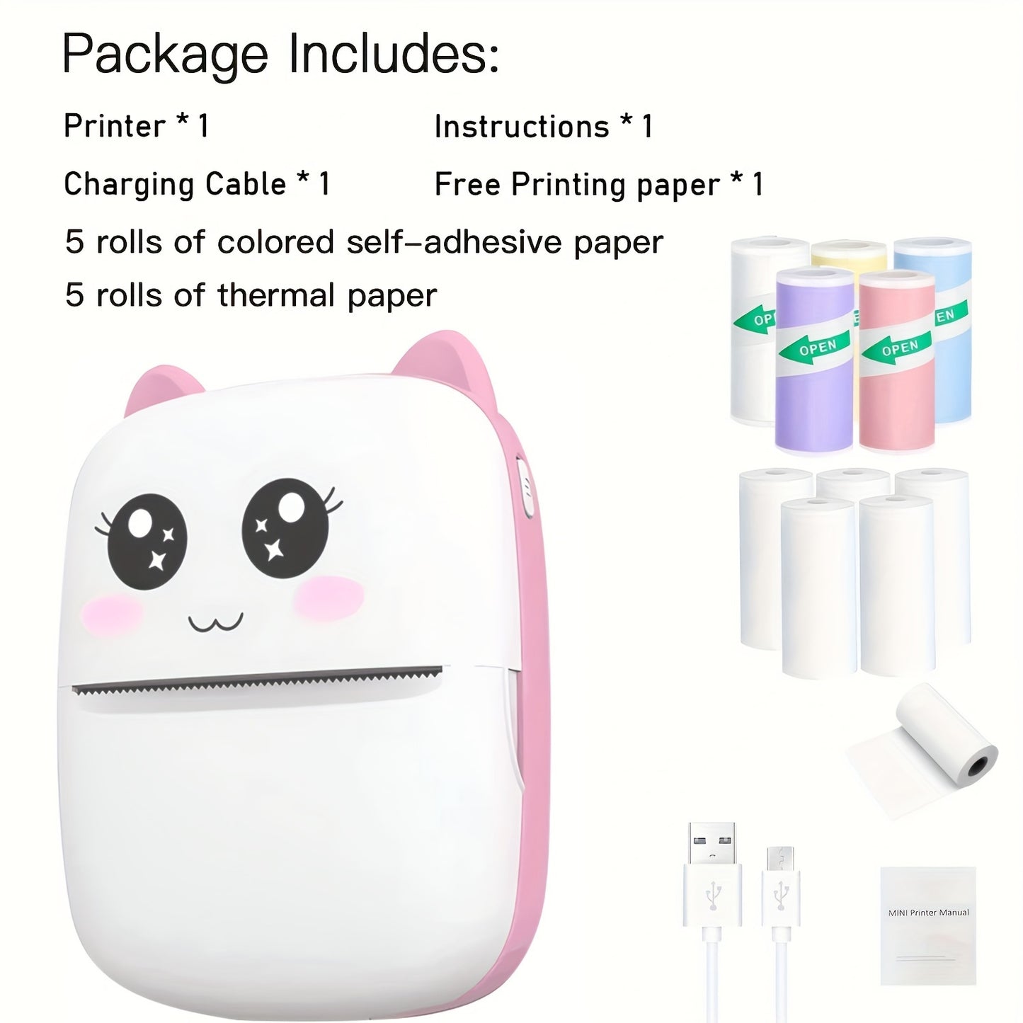 Portable Mini Pocket Thermal Printer with 10 rolls of paper, compatible with iOS and Android. Ideal for notes, receipts, labels. Features USB charging, wireless connection. Suitable for