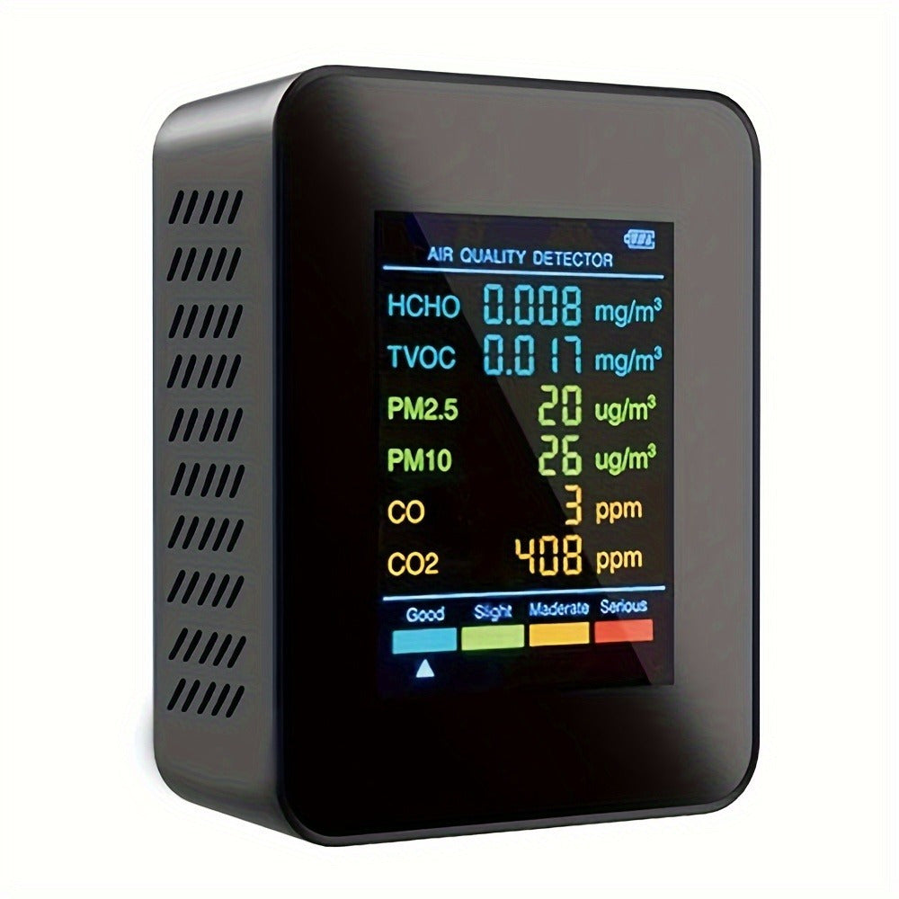 6-in-1 Premium Air Quality Monitor with large LCD display detects CO2, CO, PM2.5, PM10, HCHO, and TVOC in real-time using advanced sensor technology for home and office use.