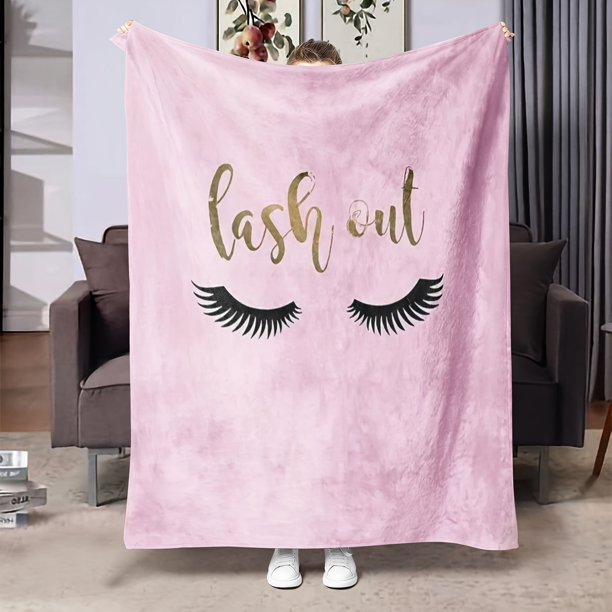 Soft and Cozy Pink Flannel Throw Blanket with Eyelash Print - Ideal Present for Girls, Women, Moms, and Aunts | Versatile for Bed, Sofa, or Chair | All-Season Comfortable Knit Blend