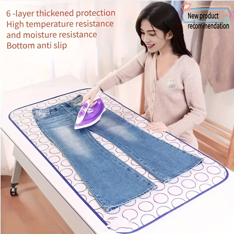 This three-piece set includes a high temperature resistant foldable ironing pad, ironing insulation net, and silicone ironing pad. It provides layered protection, waterproof steam insulation, and is portable for travel or home use.