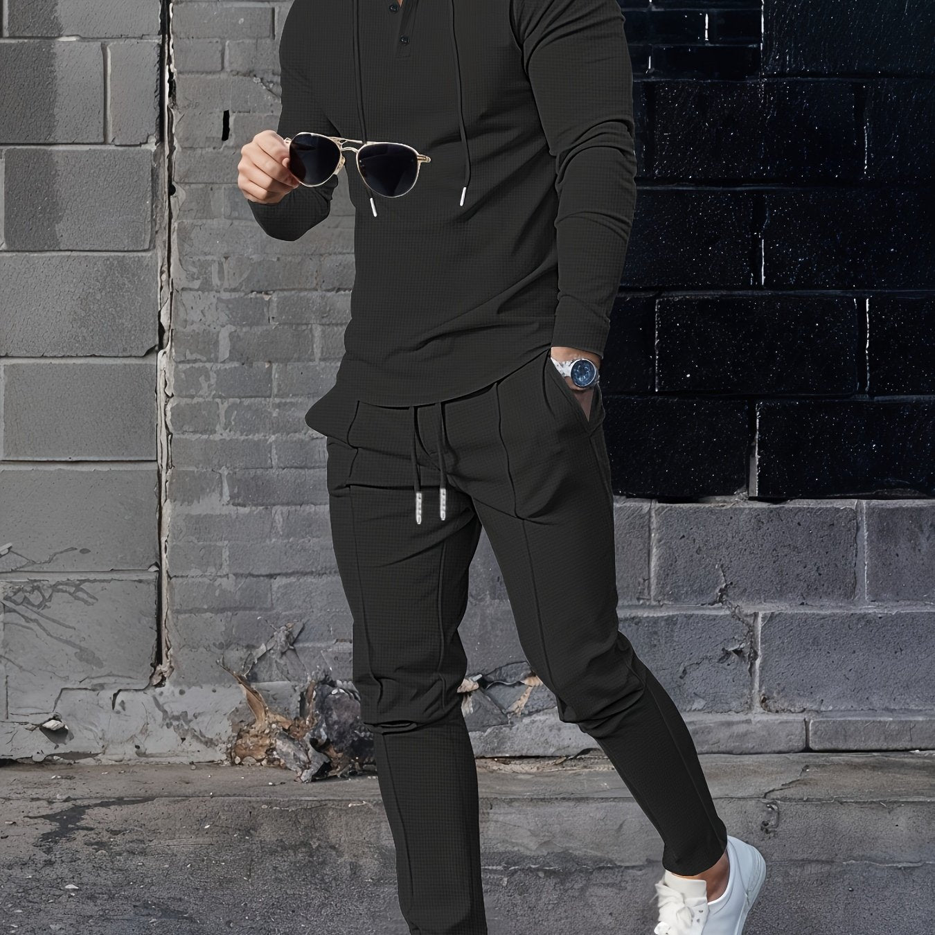 Men's Solid Color Waffle Set with Hoodie and Drawstring Pants, ideal for Spring and Autumn outdoor activities and casual wear.