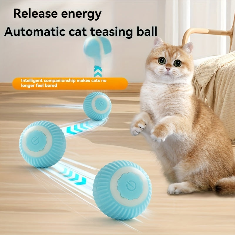 Rechargeable, USB-powered cat toy with automatic rolling ball and teaser stick for indoor cats.