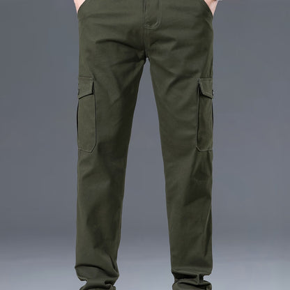 Men's cotton cargo pants, with 97% cotton 3% spandex blend, solid color, regular fit, zipper fly, multiple pockets, all-season wear.