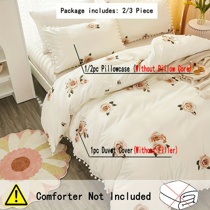 Set of 3 Fresh Duvet Covers (1 Duvet Cover + 2 Pillowcases, Core Not Included), Featuring a Pastoral Style Flower Print Bedding Set with Pompom Detail, Soft and Cozy for Bedroom or Guest Room Use