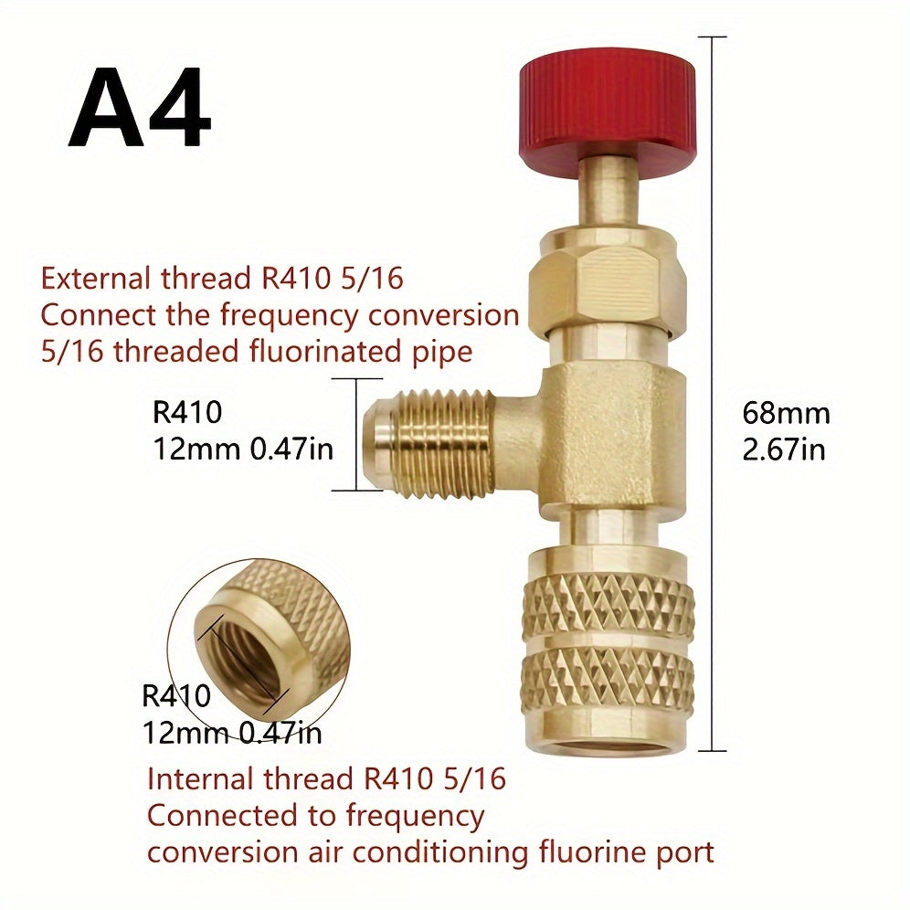 Refrigeration charging adapter for R410A and R22 air conditioning systems, compatible with 1/4" liquid safety valve hose and R22 copper adapter. Essential hand tool parts for maintenance, including refrigerant vacuum switch and R22 detection tool.