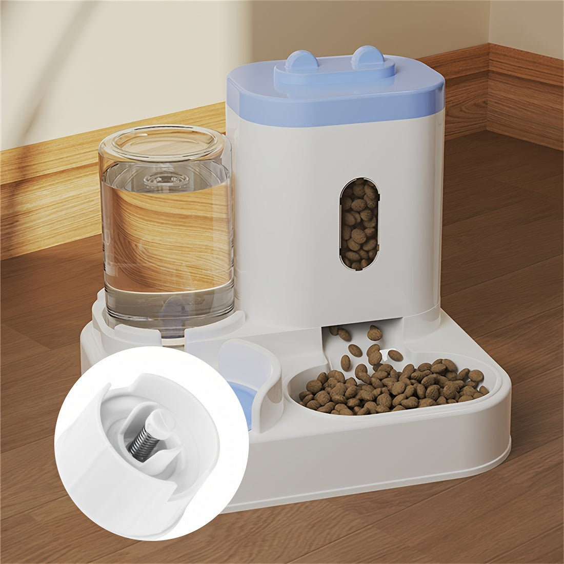 Dual bowl ergonomic cat feeder and water dispenser set made of plastic for cats, featuring automatic food and water feeding for neck-friendly use.