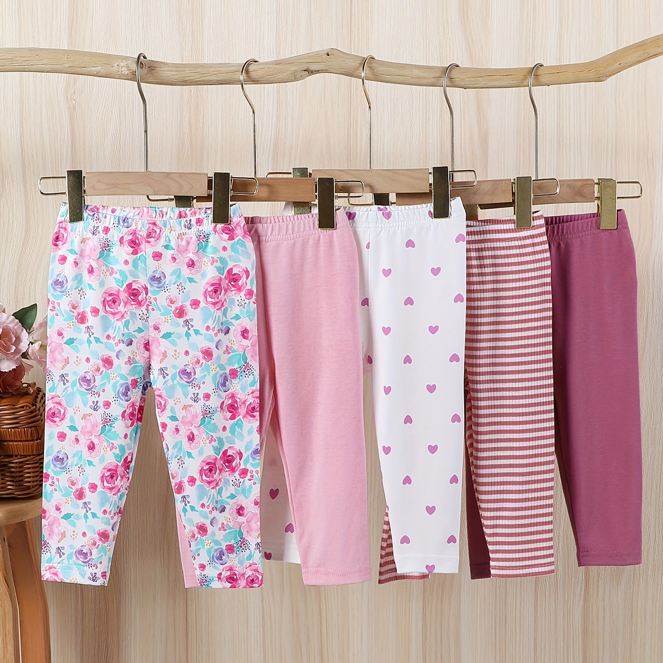 5-pack girls' cute floral, heart, and striped knit polyester pants, perfect for spring/fall casual outdoor wear. Great gift set.