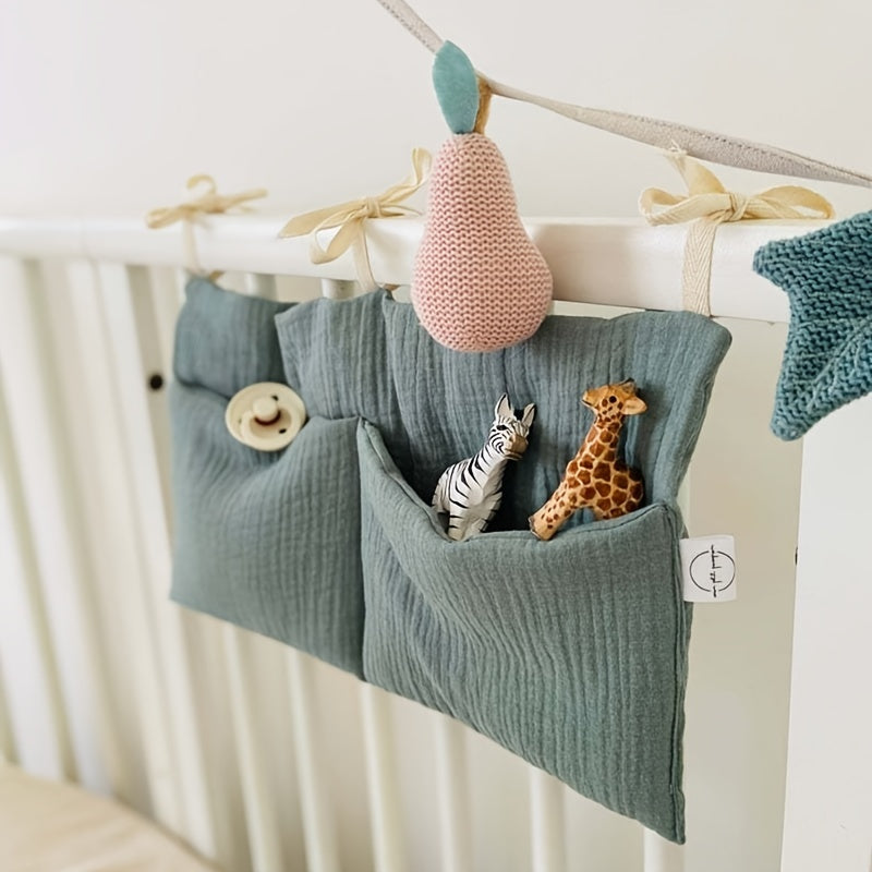 Baby bedside storage bag made of pure cotton with double layers and two pockets, also suitable for hanging on strollers. Includes a printed baby bottle holder, perfect as a gift for Halloween or Christmas.