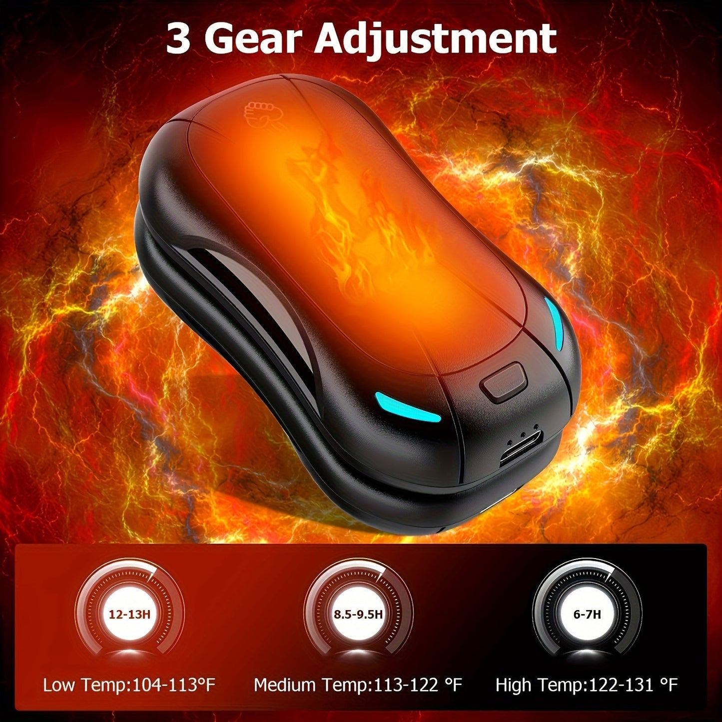 Stay warm on the go with this Portable Dual-Sided Heated Hand Warmer. Featuring a powerful 6000mAh lithium battery and USB rechargeable design, this hand warmer provides up to 5-10 hours of heat on a single charge. Made of durable ABS material, it is