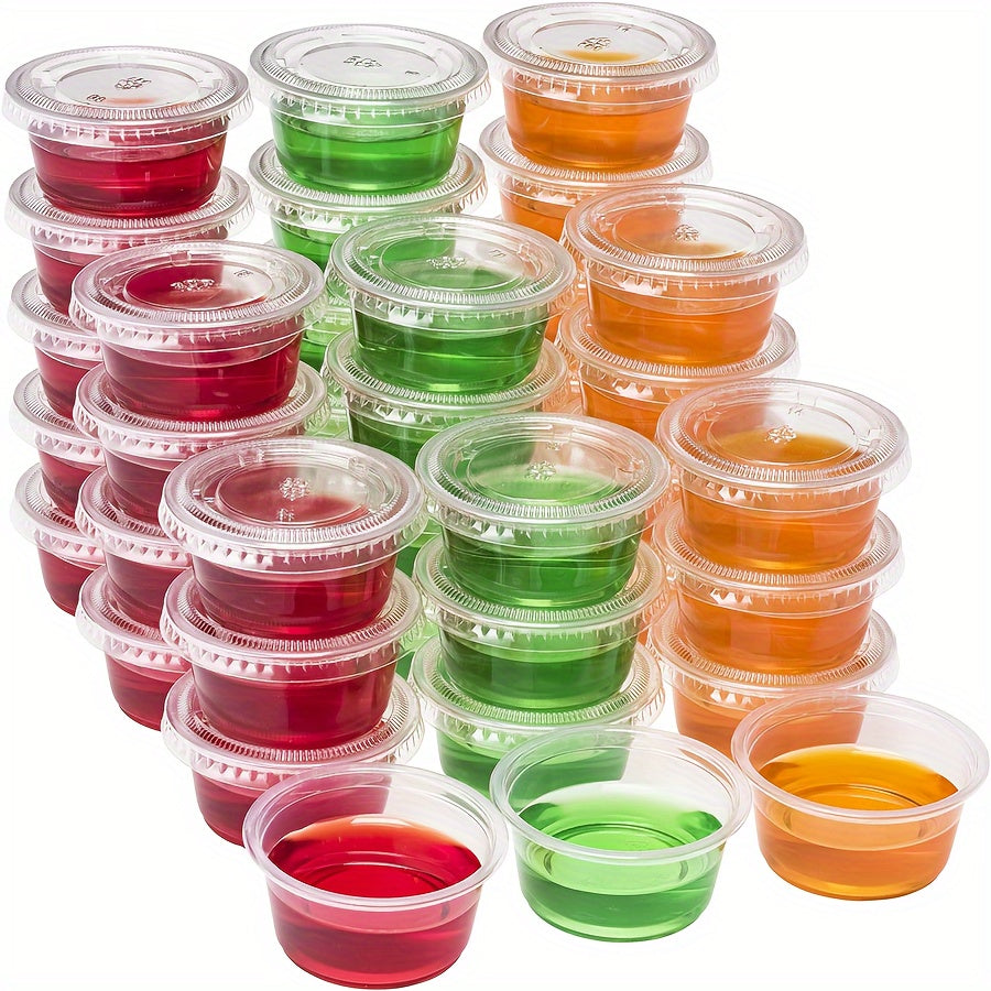 Convenient 50 Pack of 2 oz Plastic Containers with Lids - Versatile, Freeze-Friendly, and Reusable Round Cups - Easy Flip Top Closure for Jelly, Sauce, and Seasonings - Perfect for Kitchen and Food Service Use, No Power Required