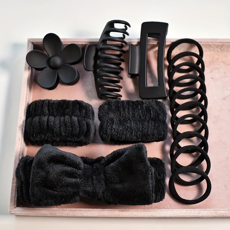 16-piece hair accessory set in pink & black for women and girls, includes headbands, wristbands, and hair clips, perfect for travel, spa, makeup, and gifting.