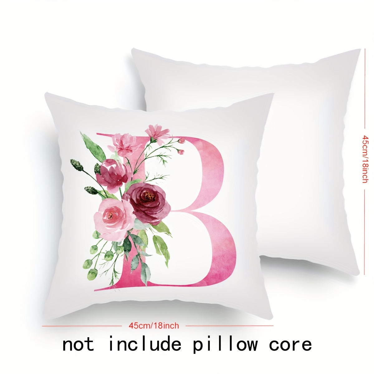 18x18 inch Alphabet Floral Pillow Cover featuring A to Z English Letters in pink print. Ideal for adding a contemporary touch to sofa, living room, or bedroom decor. Single-sided printing, insert not included.