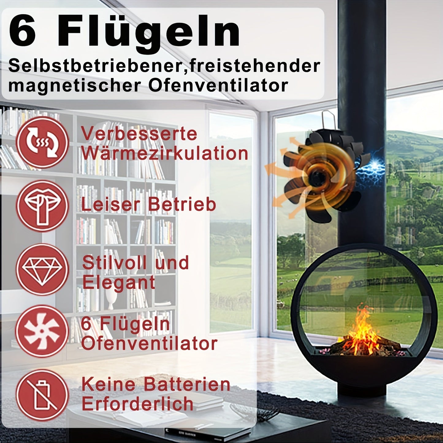 6-Blade Wood Burner Fan for Fireplace Pipe or Wood Burning Stove - Adjustable Band, Quiet and Efficient Magnetic Stove Fan for Effective Warm Air Distribution