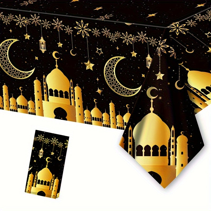 Eid Mubarak plastic table cover for Ramadan parties, 220x130cm, machine-made weave, perfect for Eid Al-Fitr celebrations.