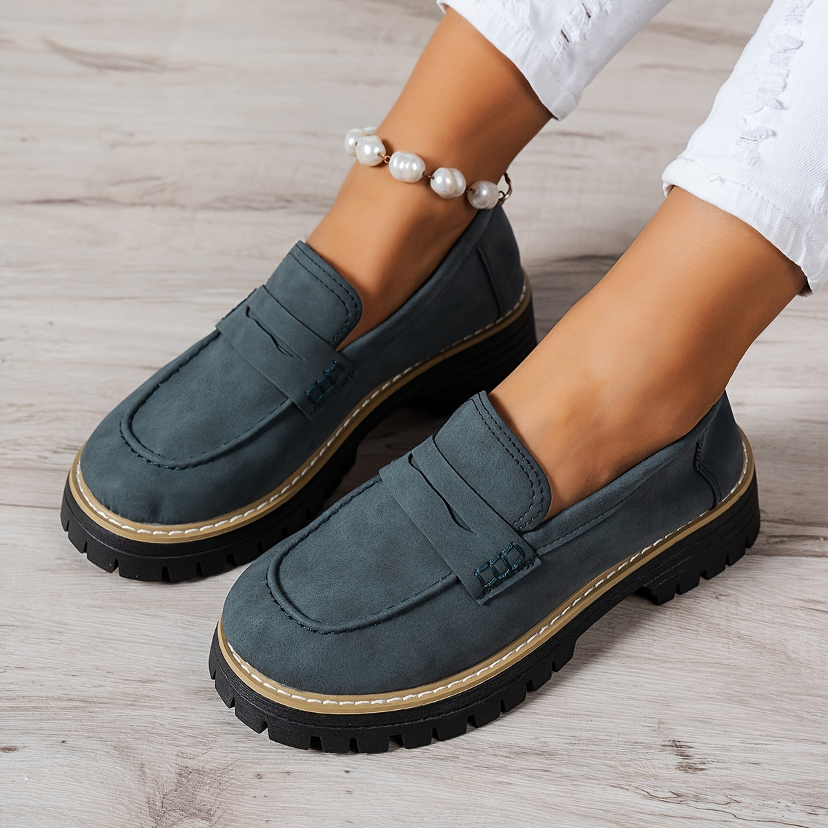 Vintage style women's penny loafers with easy slip-on design, comfort round toe, lightweight and durable faux synthetic cover, EVA sole for all seasons. Available in black, blue, pink