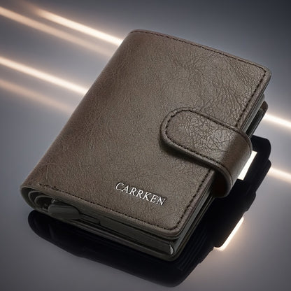 CARRKEN Men's Compact Wallet: Stylish faux leather bifold with automatic pop-up credit card holder, holds 9-10 cards, ideal gift for men.