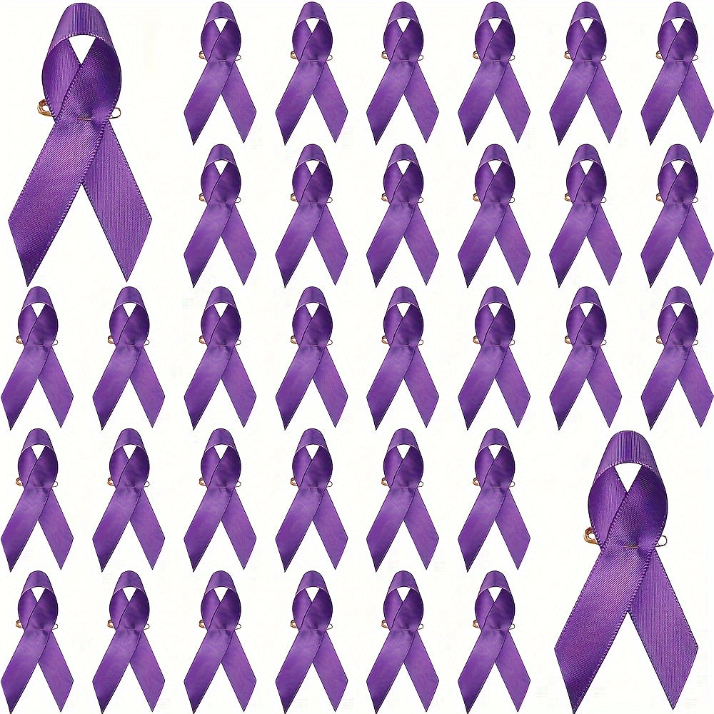 100 purple ribbon pins designed for raising awareness for pancreatic cancer, domestic violence, lupus, Alzheimer's, and cancer consciousness. These safety pin brooches are perfect for charity public events and serve as women's novelty accessories in a