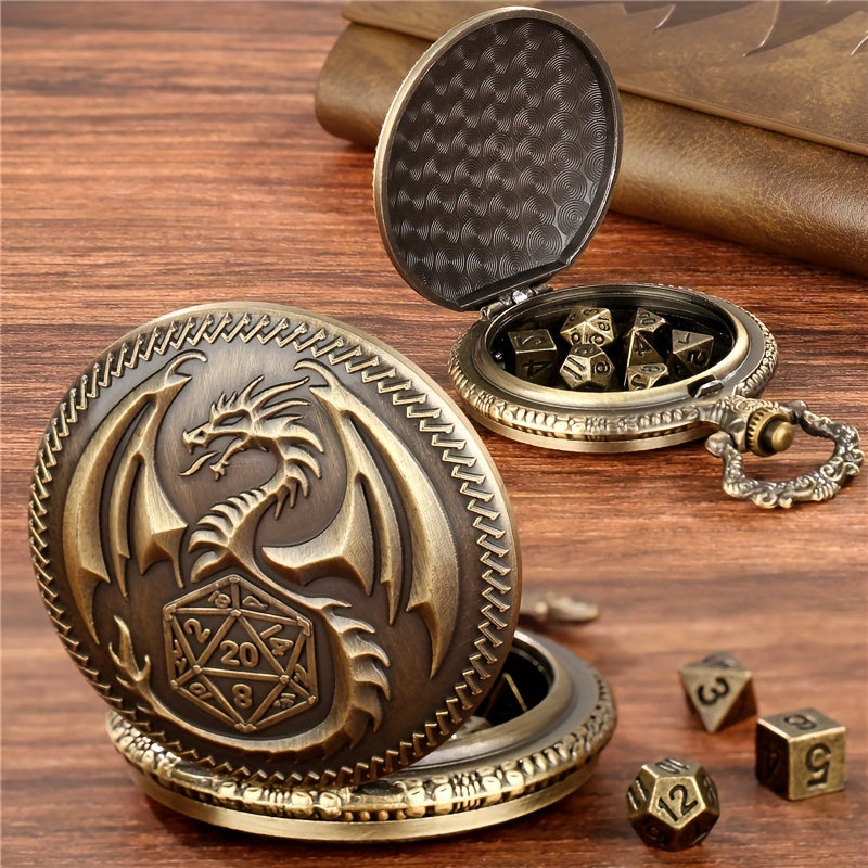 Vintage Dragon Alloy Pocket Watch with Chain and 7-Piece Dice Set - Perfect for Role-Playing Games