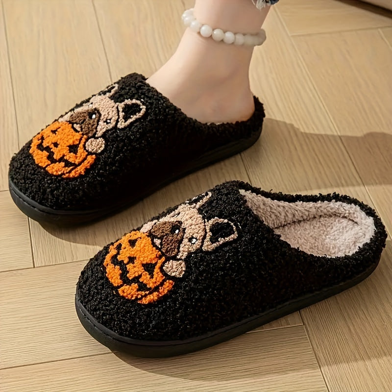 Cute Pumpkin Sandpaper Dog Pattern Slippers, Cozy and Stylish Indoor Couple's Footwear in the Warm Series.