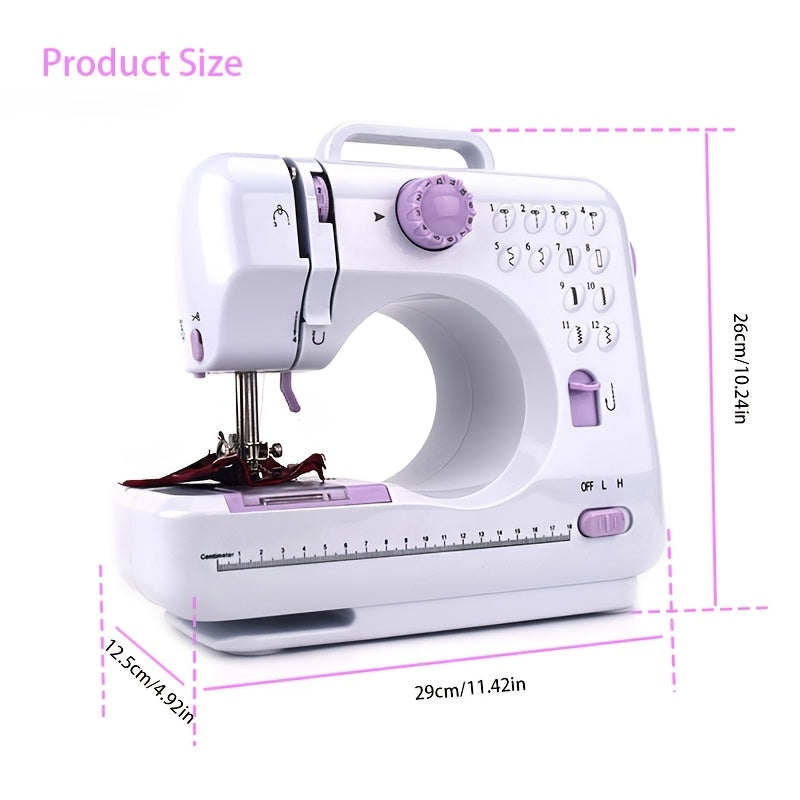 EU Regulation Mini Portable Electric Sewing Machine with 12 built-in modes. Ideal for beginners. Includes accessories such as bobbin pack, machine needle and threader. Can be powered by