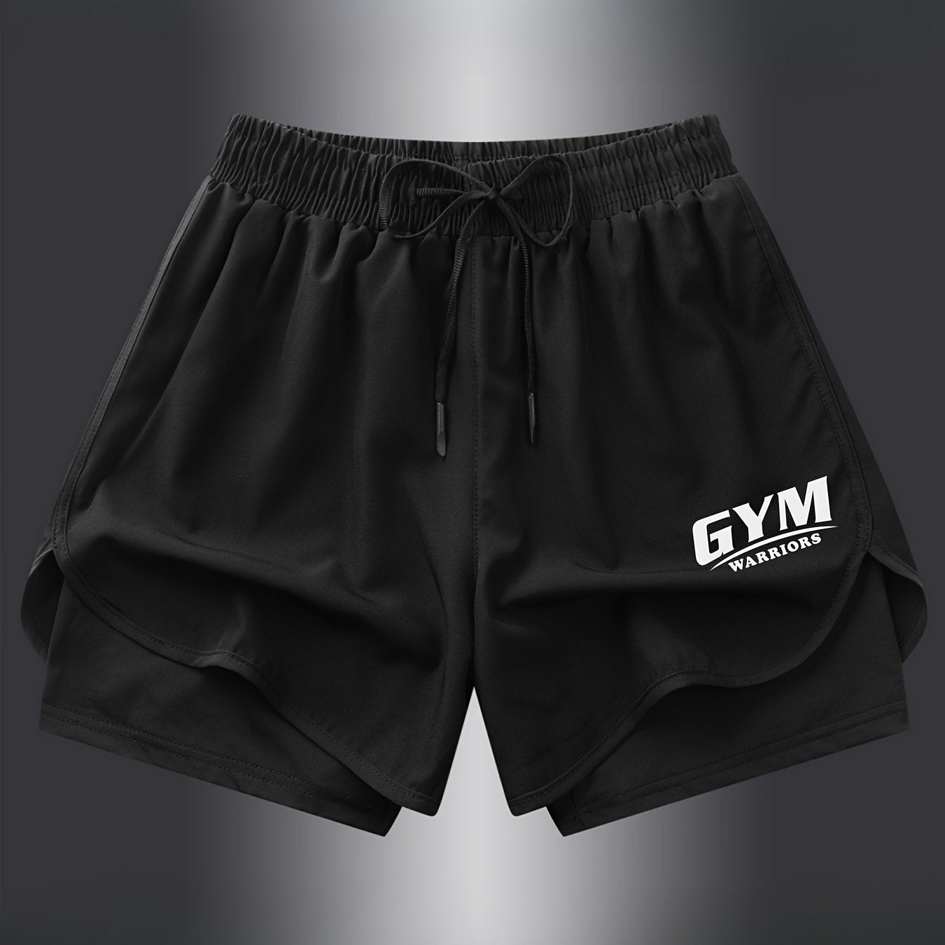 Men's navy blue athletic shorts with black accents, quick-dry, breathable, elastic waistband with drawstring, made of polyester and spandex blend.