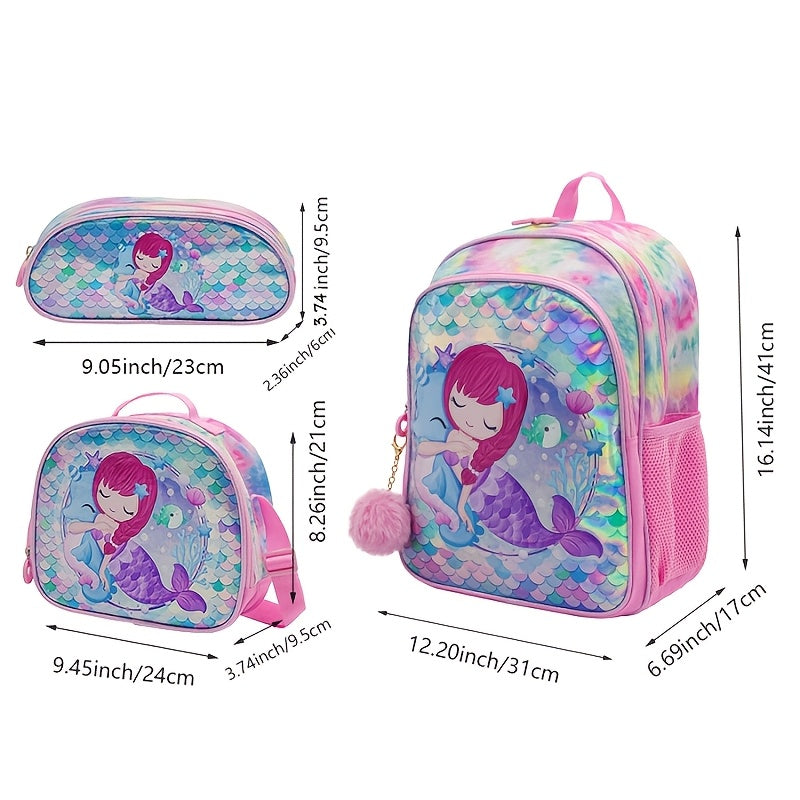 16-inch three-piece set of girls' student bags including a double-shoulder student bag, lunch bag, and pen bag. Fashionable and versatile for travel, school, or camping. One-size-fits-all in pink.