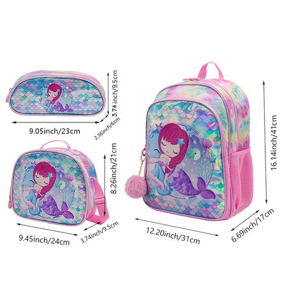 New 3-piece mermaid-themed student bag set includes a crossbody lunch bag, pen bag, and large capacity backpack suitable for school, travel, or outings. The backpack is lightweight and 16 inches in size.