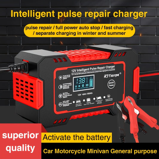 Car Battery Charger for 12V 2-100Ah batteries with desulfation and temperature compensation, designed to maintain car batteries.