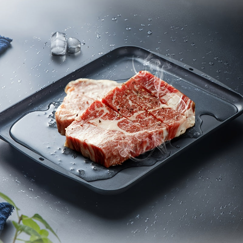 One piece defrosting platter for seafood, steak, and meat, designed for quick and efficient thawing at home. Can also be used as a food tray or cutting board for vegetables and fruit.