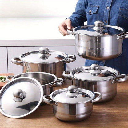 Set of 5 Stainless Steel Cookware - Strong Kitchen Pots with Covers, Shiny Interior, Securely Attached Handles & Heat-Proof Knobs