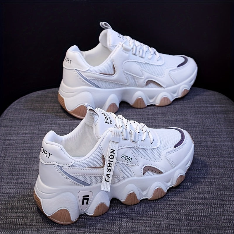 White & Purple Women's Athletic Sneakers with Breathable Mesh, Thick Sole, and Sporty Design