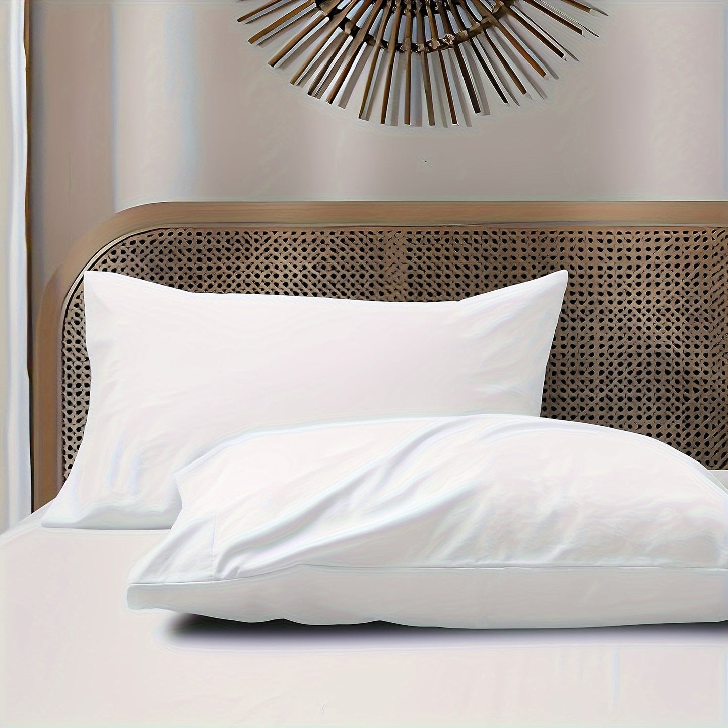 Two white zippered pillow protectors with a luxurious hotel quality design, made from 100% polyester for breathability and softness. These covers will extend the life of your pillows and do not include pillow inserts.