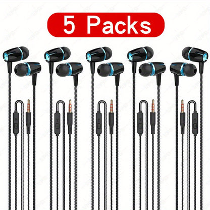 6-pack wired earphones with microphone, in-ear headphones featuring noise reduction, call and bass capabilities, stereo sound, and mixed colors. Compatible with iPhone, iPod, iPad, MP3