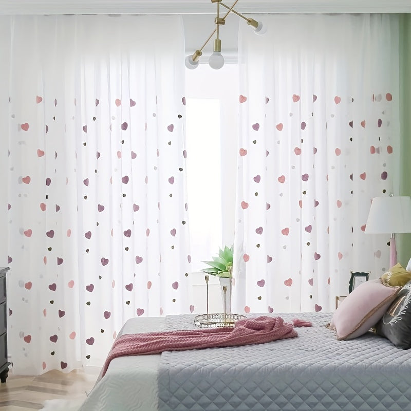 Modern heart pattern sheer curtain panel in pink, grommet top, washable polyester voile for youngsters' room; all-season decorative unlined curtain with eyelet, perfect for a princess-themed kid's bedroom.