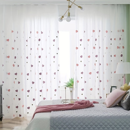 Modern heart pattern sheer curtain panel in pink, grommet top, washable polyester voile for youngsters' room; all-season decorative unlined curtain with eyelet, perfect for a princess-themed kid's bedroom.