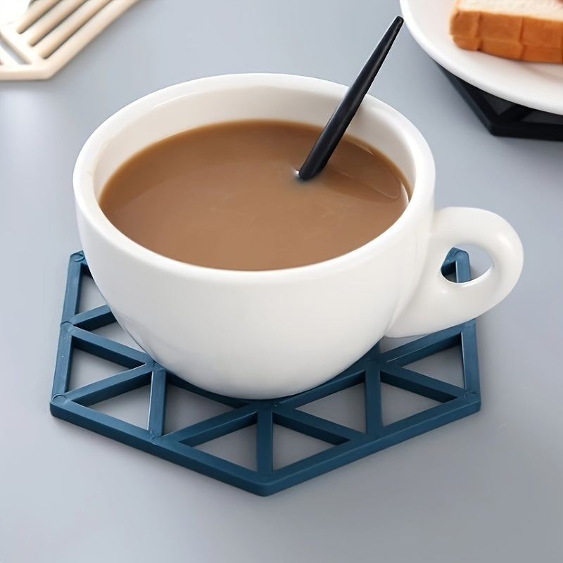 Set of freestanding plastic cubby shelf coasters featuring a stylish geometric pattern. These heat-resistant table mats are perfect for use in the kitchen, dining room, or living room. They are multipurpose, non-slip, and provide insulation for hot