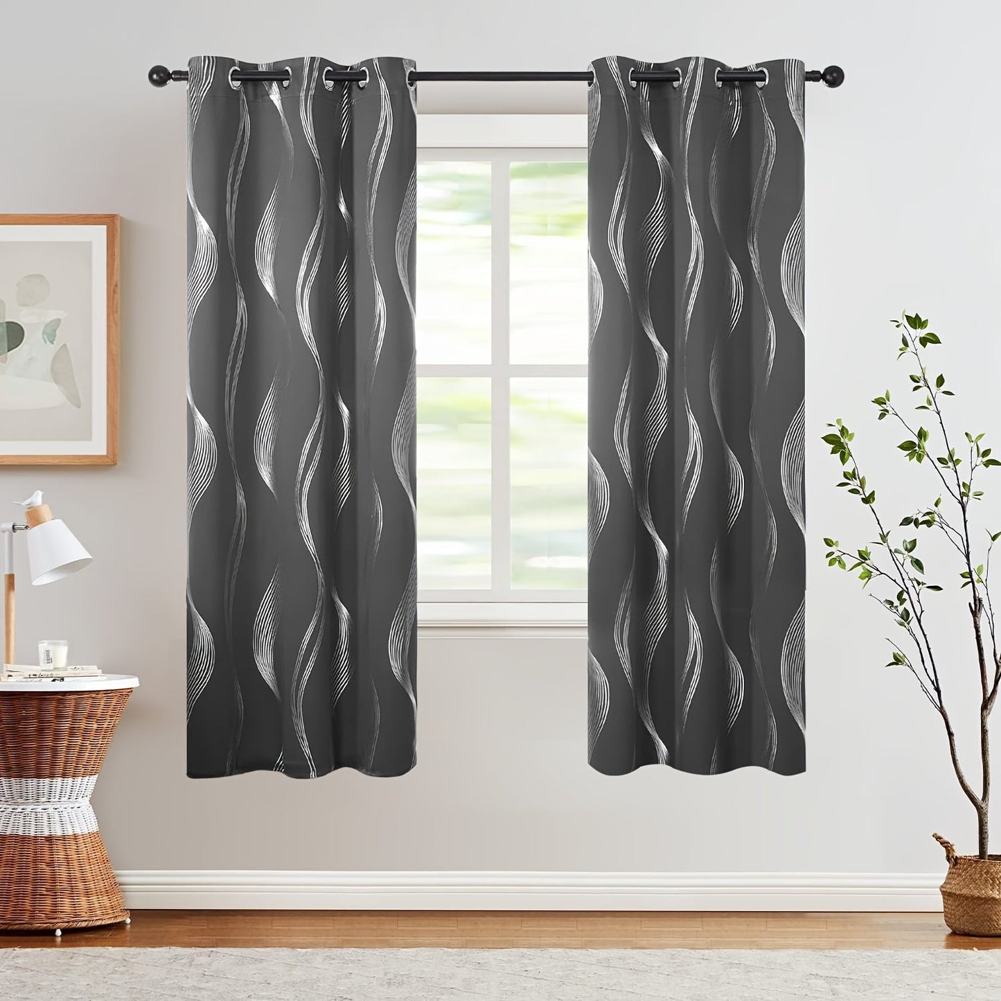 Two pieces of contemporary blackout curtains made from high-quality woven polyester, featuring a grommet top design for easy hanging. These room darkening drapes are machine washable and showcase a fantasy stripe pattern with eyelet detailing. Suitable