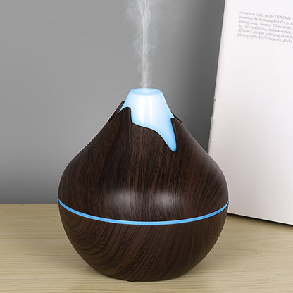 USB powered humidifier with aromatherapy, quiet operation, wood grain design, suitable for home and office.